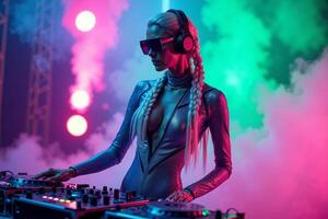 D.J. woman standing in concert hall with smoke and colorful light enjoy music festival photo