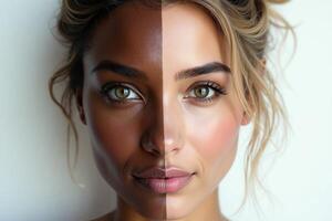 close up of woman person face with different color of skin white and black photo
