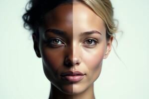 close up of woman person face with different color of skin white and black photo
