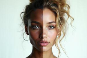 close up of woman person face with different color of skin white and black photo