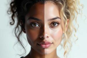 close up of woman person face with different color of skin white and black photo