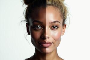 close up of woman person face with different color of skin white and black photo