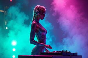D.J. woman standing in concert hall with smoke and colorful light enjoy music festival photo