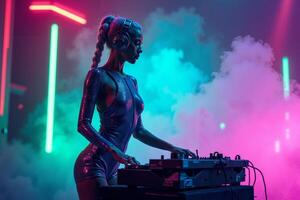 D.J. woman standing in concert hall with smoke and colorful light enjoy music festival photo