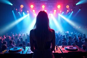 D.J. woman standing in concert hall with smoke and colorful light enjoy music festival photo