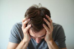 close up of person head stressed about hair problem photo