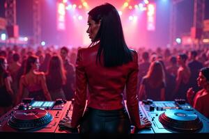 D.J. woman standing in concert hall with smoke and colorful light enjoy music festival photo