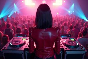 D.J. woman standing in concert hall with smoke and colorful light enjoy music festival photo