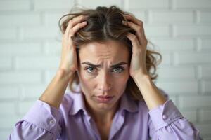 close up of person head stressed about hair problem photo