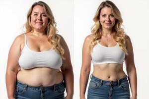 before and after skinny and fat chubby woman on white background photo