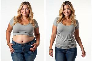before and after skinny and fat chubby woman on white background photo
