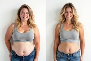 before and after skinny and fat chubby woman on white background photo