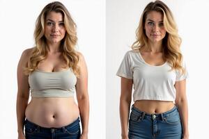 before and after skinny and fat chubby woman on white background photo