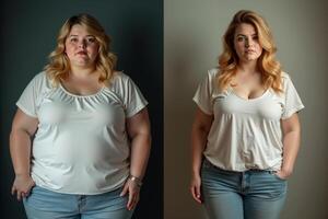 before and after skinny and fat chubby woman on white background photo