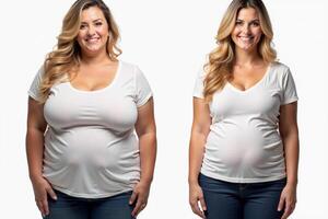 before and after skinny and fat chubby woman on white background photo