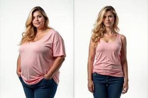 before and after skinny and fat chubby woman on white background photo