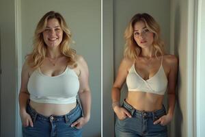 before and after skinny and fat chubby woman on white background photo