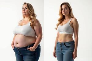 before and after skinny and fat chubby woman on white background photo