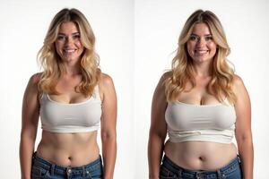 before and after skinny and fat chubby woman on white background photo