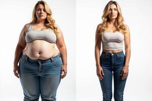 before and after skinny and fat chubby woman on white background photo