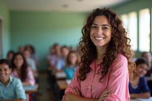 teacher woman standing and smile in classroom photo