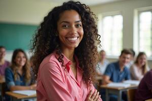 teacher woman standing and smile in classroom photo