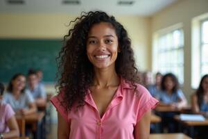 teacher woman standing and smile in classroom photo