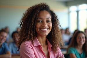 teacher woman standing and smile in classroom photo
