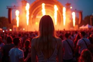 person standing in concert festival at night with light in stage photo