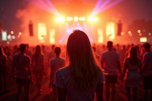 person standing in concert festival at night with light in stage photo