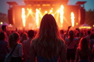 person standing in concert festival at night with light in stage photo