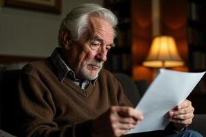 elder person holding paper with curious mood at room photo