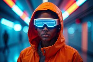 futuristic person with glasses and coat with neon light in background photo