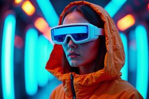 futuristic person with glasses and coat with neon light in background photo