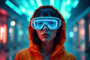futuristic person with glasses and coat with neon light in background photo