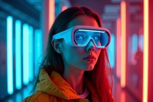 futuristic person with glasses and coat with neon light in background photo