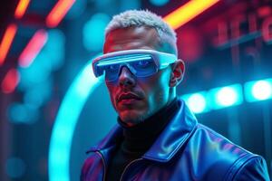 futuristic person with glasses and coat with neon light in background photo