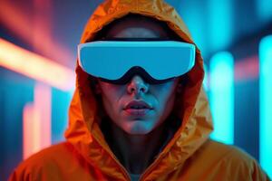 futuristic person with glasses and coat with neon light in background photo