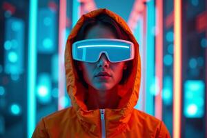 futuristic person with glasses and coat with neon light in background photo