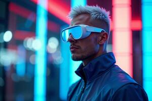 futuristic person with glasses and coat with neon light in background photo