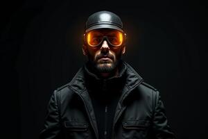 person with helmet glasses and coat jacket on black background photo