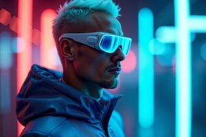 futuristic person with glasses and coat with neon light in background photo