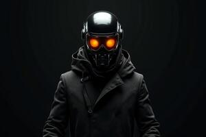 person with helmet glasses and coat jacket on black background photo