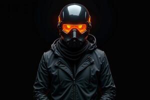 person with helmet glasses and coat jacket on black background photo