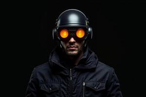 person with helmet glasses and coat jacket on black background photo