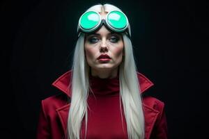person with helmet glasses and coat jacket on black background photo
