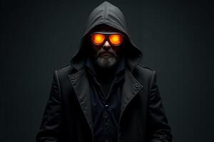 person with helmet glasses and coat jacket on black background photo