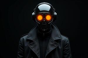 person with helmet glasses and coat jacket on black background photo