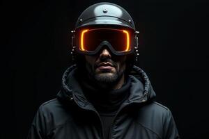 person with helmet glasses and coat jacket on black background photo