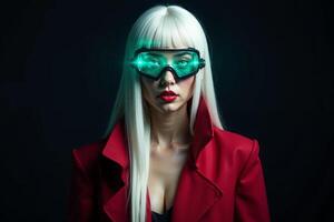 person with helmet glasses and coat jacket on black background photo